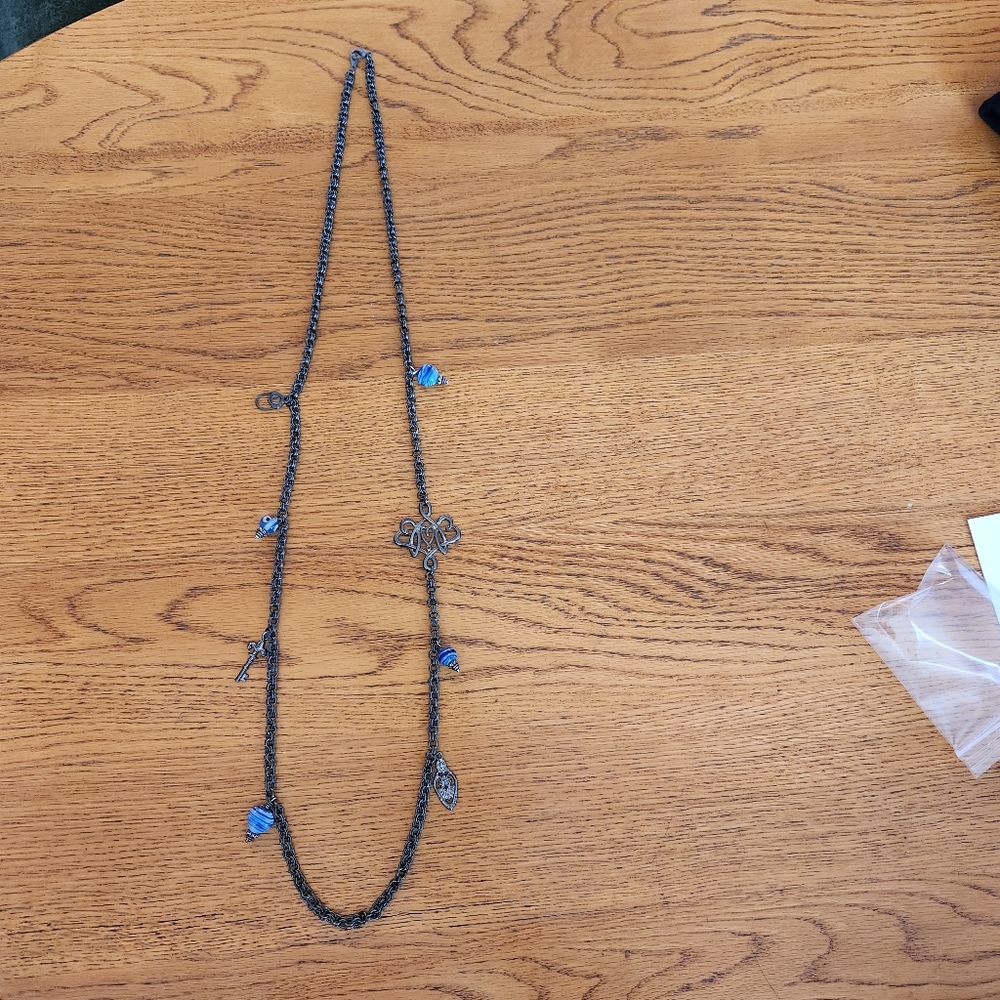Station long glass blue bead heart key lock wonderland necklace